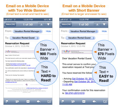 Image showing emails on mobile devices that have long headers and short headers. Long headers make the email text smaller and harder to read. Short headers make the text larger and easier to read.