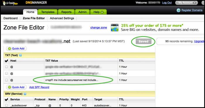 SPF Records GoDaddy Saved Zone File Editor